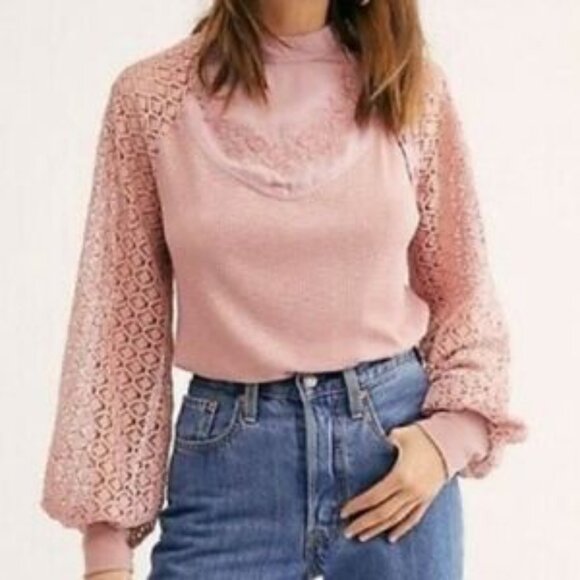 Free People Sweetest Thing Embroidered Thermal Top w/ Lace Sleeves in Blush Pink - Picture 13 of 16